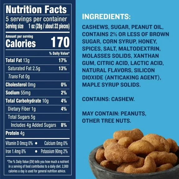 (4 pack) PLANTERS Cashews Cinnamon & Brown Sugar, Party Snacks, Plant Based Protein, 5 Oz Bag