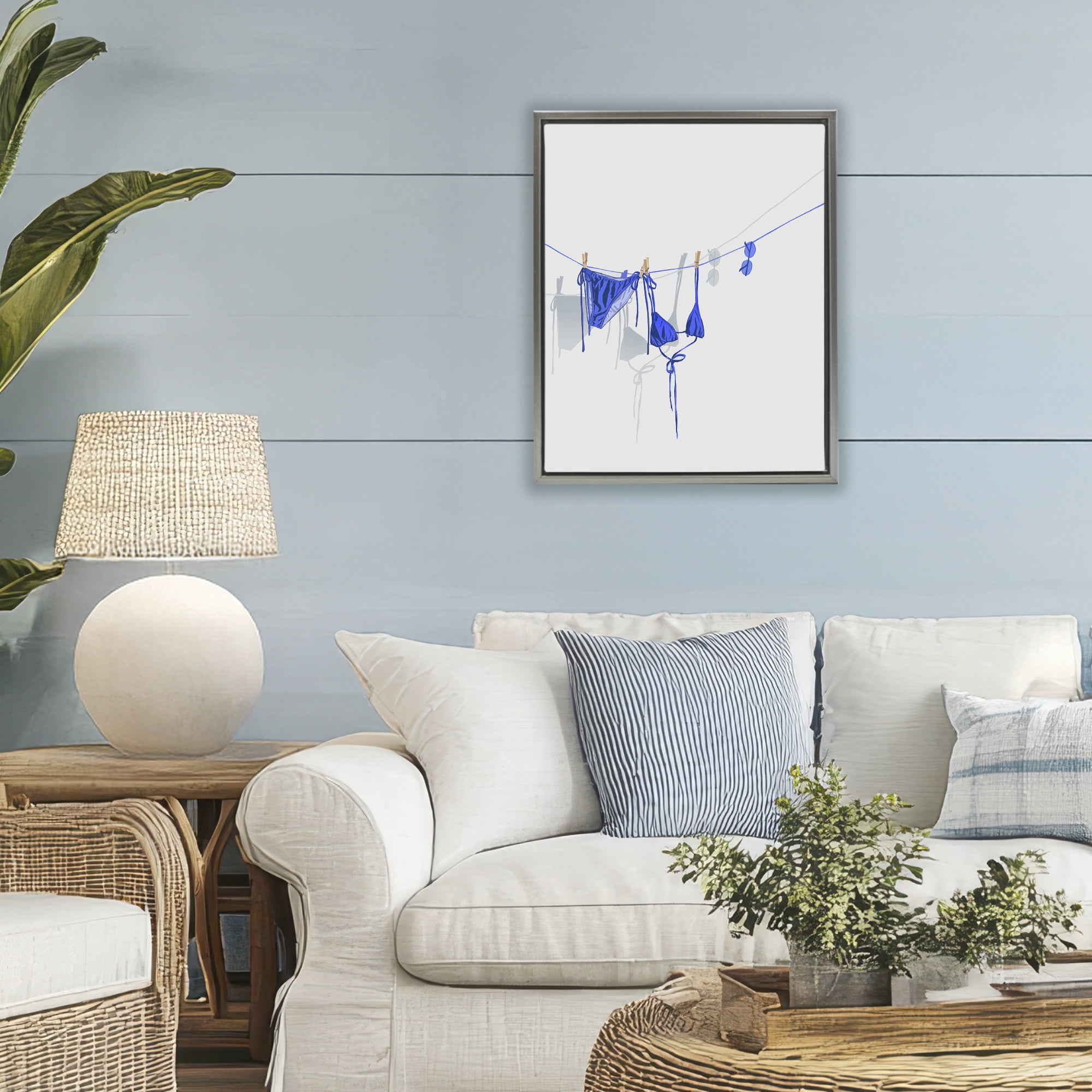 Stupell Industries Blue Bikini on Clothesline Gray Framed Floater Canvas Wall Art, design by Ziwei Li