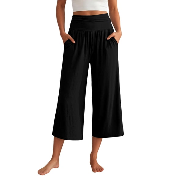 Linen Capri Pants for Women Loose Wide Leg Cotton Gaucho Pants Elastic Waist Flowy Dressy Trousers, S
