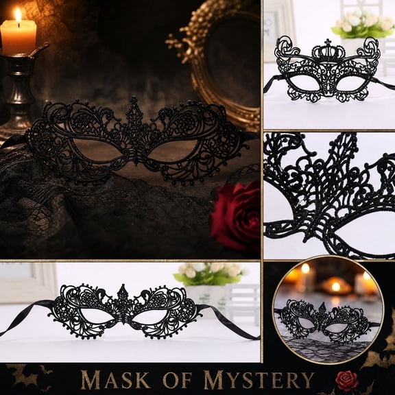 Black Masquerade Mask Halloween Mask with Lace Eye Design 9X3 Inch, Scary Halloween for Masquerade Party and Halloween Party Supplies, Masquerade Mask for Women Mask Gift for