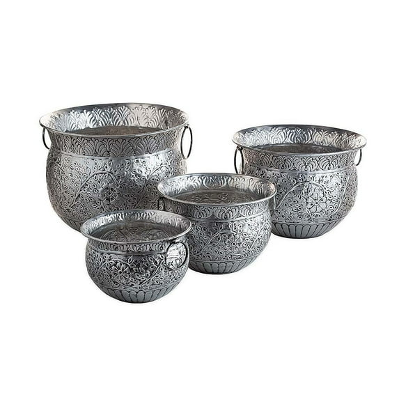 Embossed Silvertone Metal Planters, Set of 4 - Sizes 15.75 dia. x 13 H, 14 dia. x 10.5 H, 11.25 dia. x 8 H, 9.75 dia. x 7 H