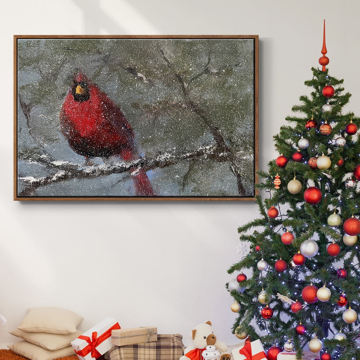 Cardinal in Snow I - Framed Gallery Wrapped Holiday Canvas - 17 x 25 - Rosewood Frame
