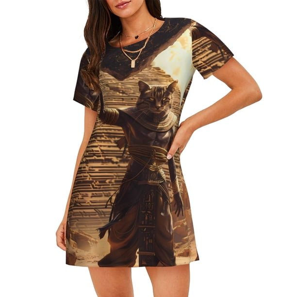 Disketp Egyptian Cat Pharaoh Magic para Camisón Corto de Manga Corta para Mujeres, Camisón Cómodo con Escote Redondo, Bonito y Confortable