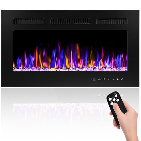 AHB 30" Wall Mounted & Recessed Electric Fireplace, 750W/1500W Ultra-Thin Fireplace Heater with Remote Control, Timer, Adjustable Flame Color & Brightness, Log Set & Crystal