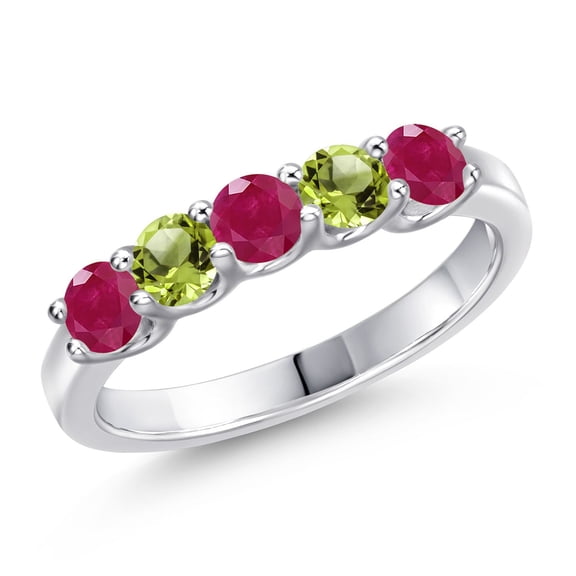 Gem Stone King 925 Sterling Silver Red Ruby and Green Peridot Wedding-Bands Ring for Women | 1.16 Cttw | Round 3.5MM | Gemstone July Birthstone | Size 5