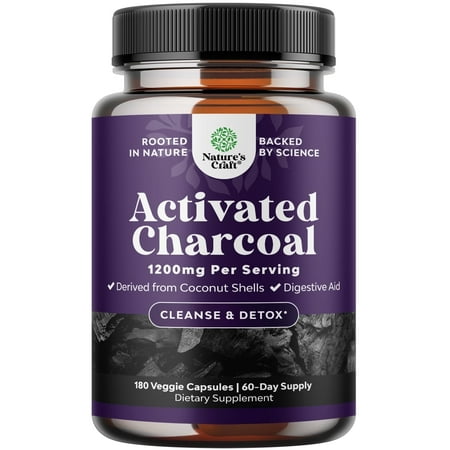 Natures Craft 1200mg Activated Charcoal Capsules, Detox & Bloating Relief Supplement, 180 Capsules