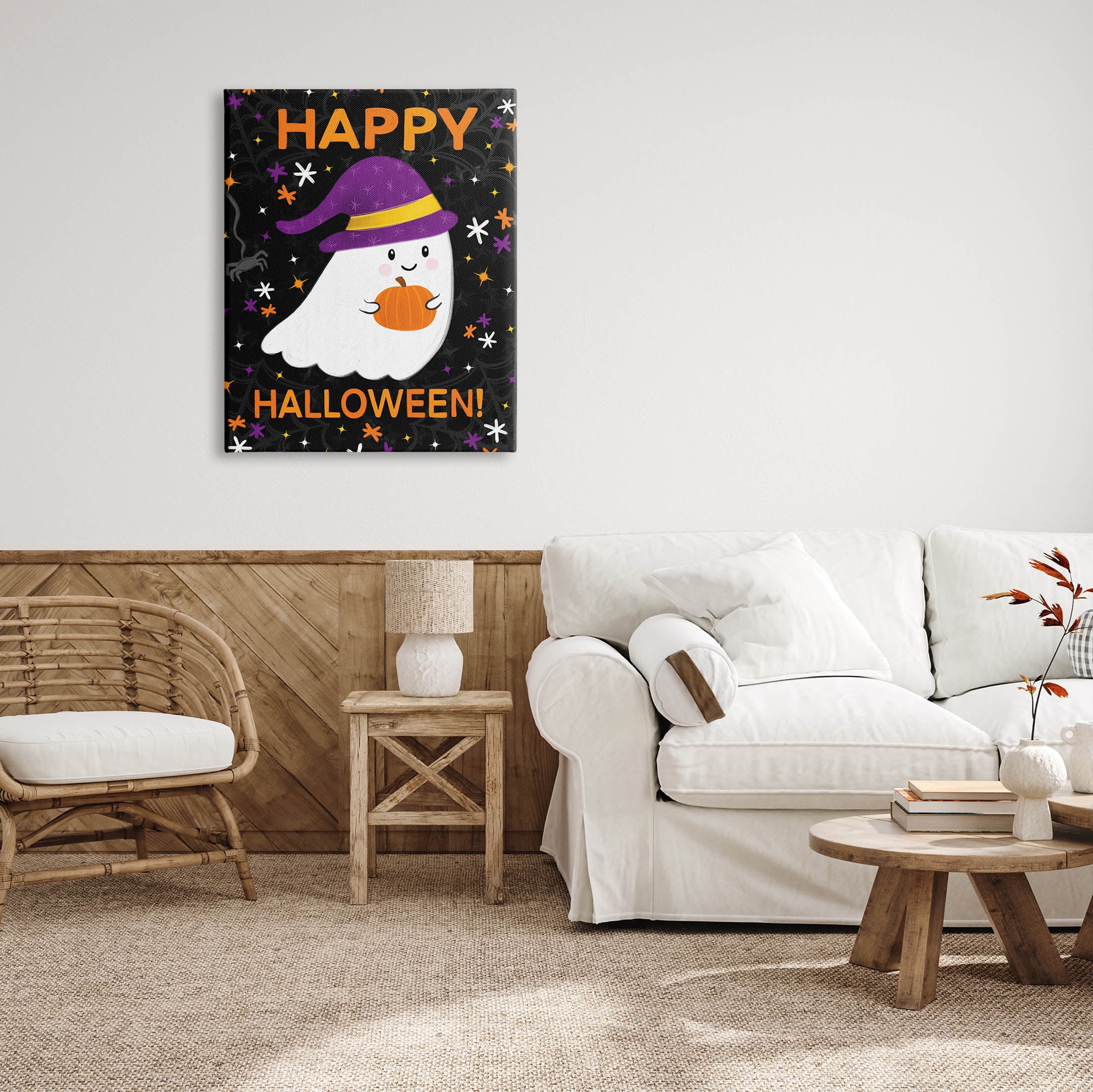 Stupell Industries Happy Halloween Happy Ghost Graphic Art Gallery Wrapped Canvas Print Wall Art, Design by Emily Cromwell