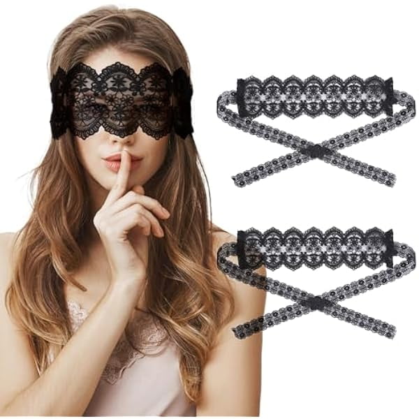 wonima11 FRESHME Lace Blind Folds for Couples - 2 Pcs Soft Black Eye Sleeping Mask Blindfolds for Women Men, Blackout Long Adjustable Night Eye Cover for Valentines Girlfriend Boyfriend Gift