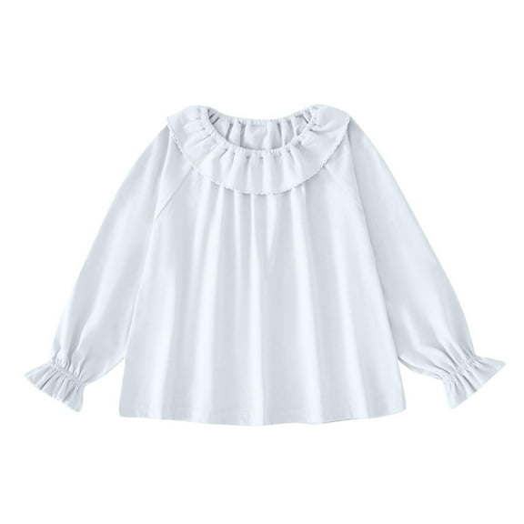 AINIYS Girls Long Sleeve Shirt Ruffle Cotton Round Collar Pullover Uniform Dress Shirt Suitable for Autumn and Winter