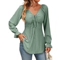 thumbnail image 5 of Hibeli Women Drawstring V Neck Ruffle Long Sleeve Tunic Jacquard Solid Color Top, 5 of 7