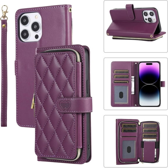 MYKOMI Wallet Case for iPhone 14 Plus 6.7 inch with Zipper Card Holder & Shoulder Strap & Wrist Strap, Crossbody Purse Handbag Stylish Protective Cover for iPhone 14 Plus