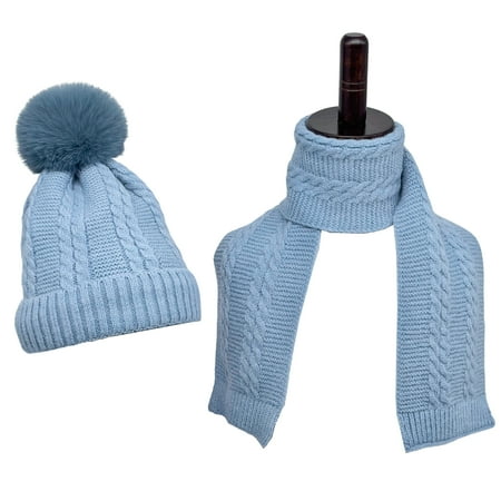 

Little Peanuts Knit Pompom Beanie Hat Scarf Set for Toddlers Blue Unisex