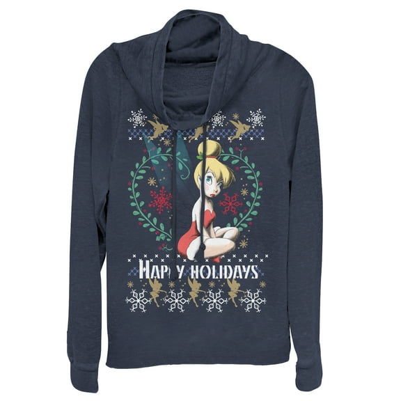 Junior's Peter Pan Ugly Christmas Tink  Cowl Neck Sweatshirt Navy Blue Large