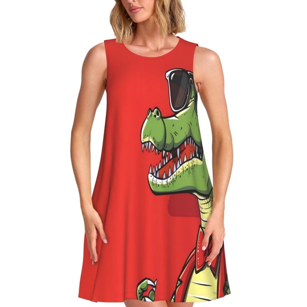Balery Cool Crocodile With Sunglasses Vestidos de verano para mujer con estampado: vestido holgado sin mangas, vestido playero informal y cómodo para días calurosos.