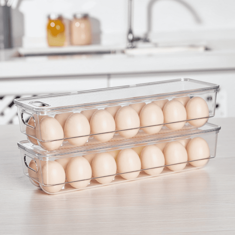 Vtopmart 2 pack Egg Holder for fridge 14 eggs Stackable Plastic Egg Tray lid