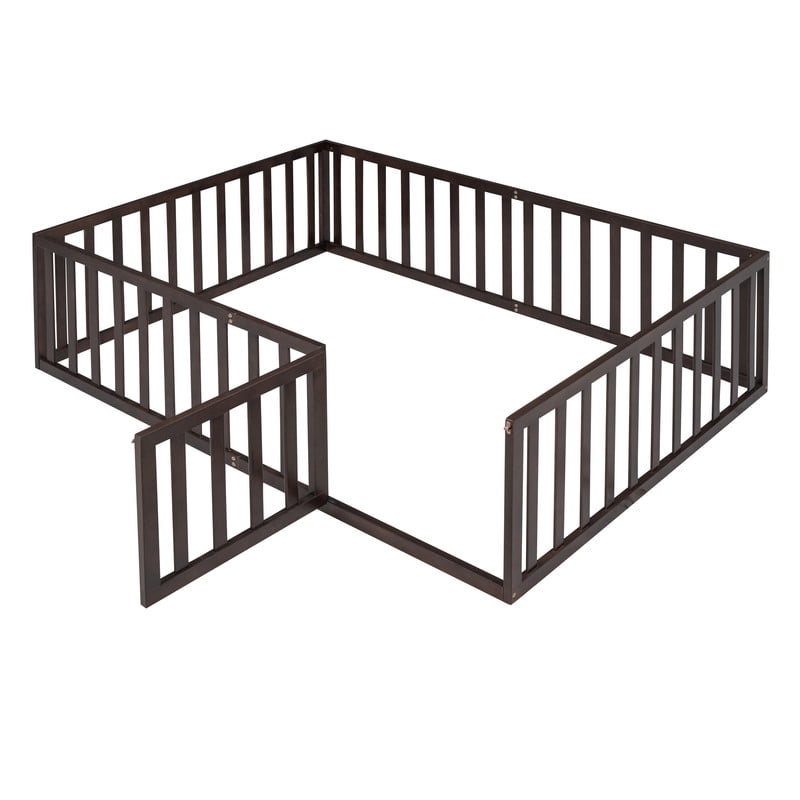 Full Size Floor Bed Platform Bed with Fence and Door, Wooden Montessori Bed Toddler Bed Kids Playhouse Bed with Guardrails for Boys Girls, No Slats