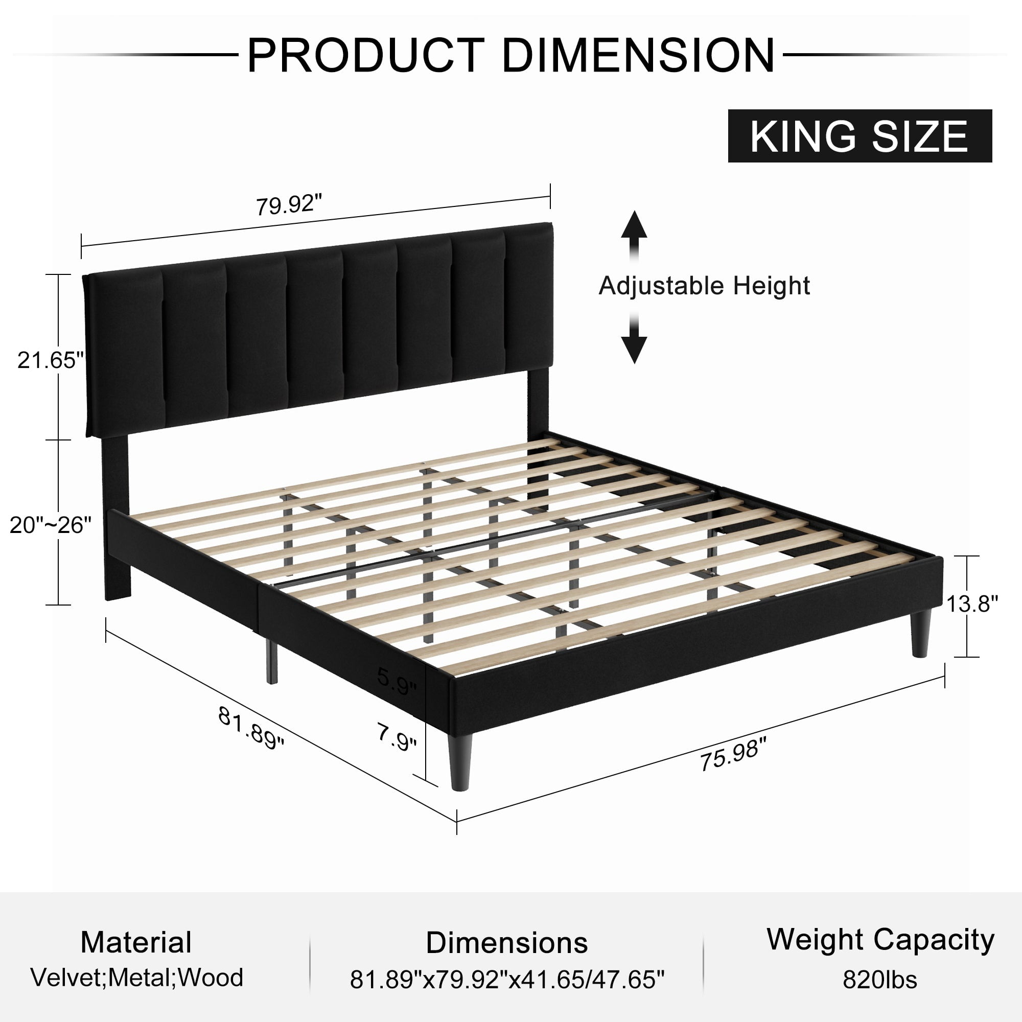 VECELO King Size Upholstered Bed Frame Black Metal Frame Bed with Adjustable Headboard Wood Slat No Box Spring Needed/Easy Assembly,Black