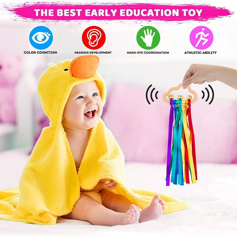 Baby Sensory Ribbon Ring Toys 2Pcs Rainbow Ribbon Rattle Natural Wooden Ribbon Ring Molar Wood Circle Newborn Teether Sensory Montessori Toy for