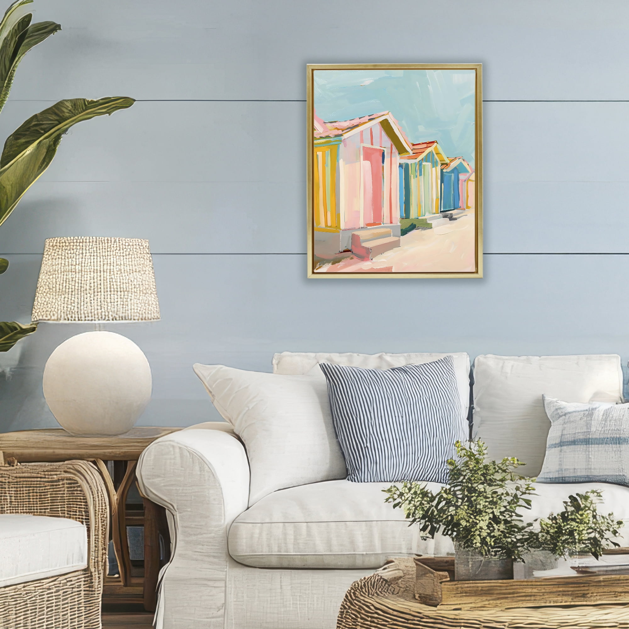 Stupell Industries Striped Beach Bungalows Gold Framed Floater Canvas Wall Art, design by The Prints Vibe