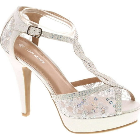 - Top Moda HY-5 Formal Evening Party Lace Ankle T-Strap Peep Toe Stiletto High Heel Pumps