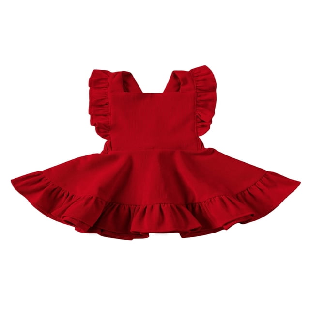 Girls Solid Color Suspender Skirt Sleeveless Square Collar Large Hem High Waist Dress with Ruffles