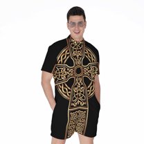Gold Celtic Knot Cross Short Sleeve Men'S Rompers, Irish St. Patrick'S Day Casual Summer Jumpsuits Outfit