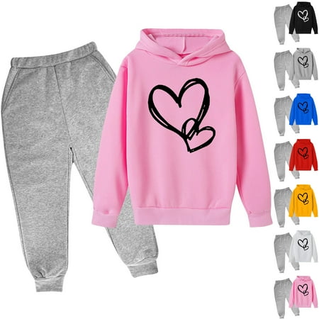 Jinhomg Toddler Fall Winter Clothes 2 Piece Boys Girls Casual Sweatsuits Cute Heart Print Hooded Sweatshirts and Elastic Waist Solid Sweatpants Set Summer Saving Black 11 Years