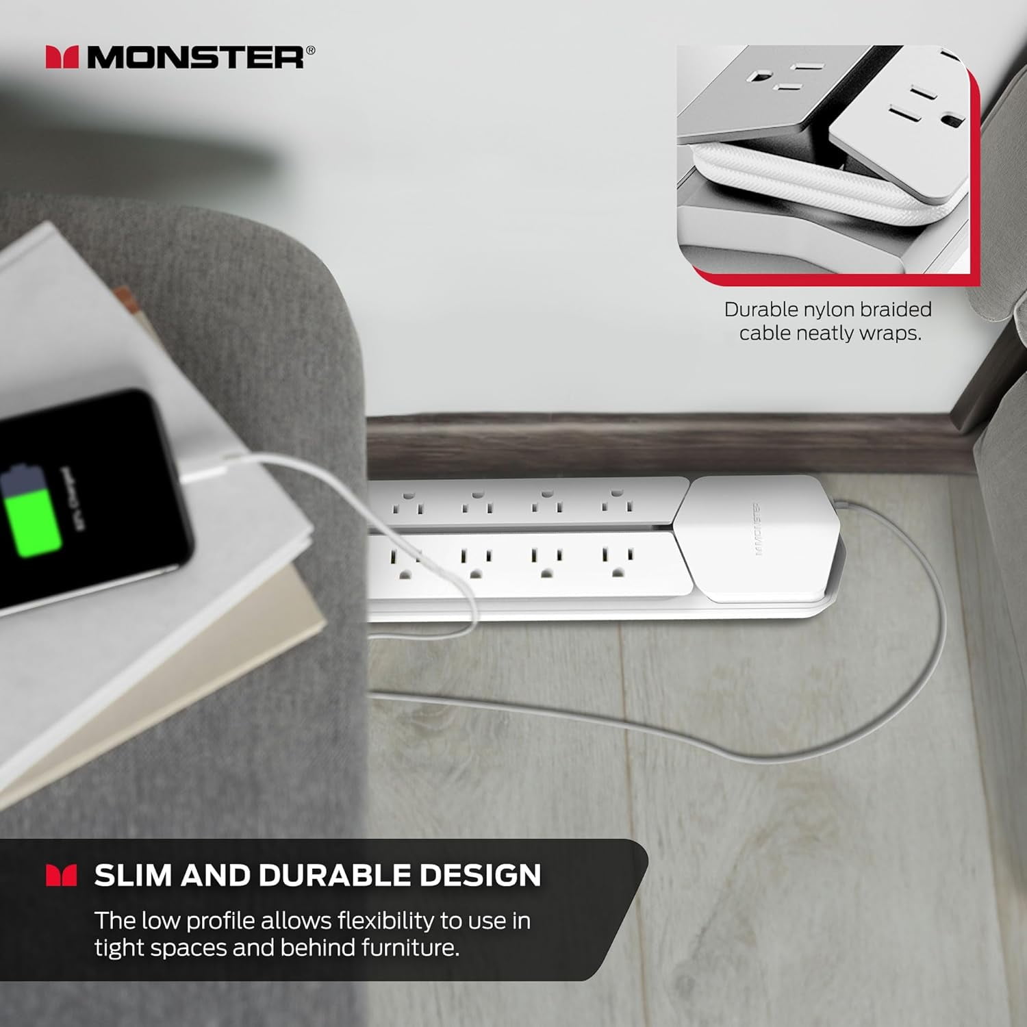 Monster Power Center Vertex XL: Surge Protector Power Strip, 10 AC Outlets, 2 USB-A, 1 USB-C (20W)