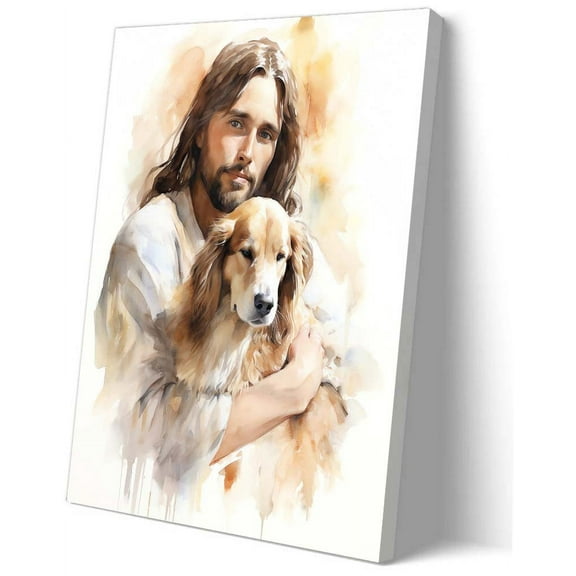 Jesus and Dog Wall Art God Jesus Christ Poster for Dog Lover Poster Canvas Living Room Wall Hanging Decorative Paintings Artwork for Hallway
