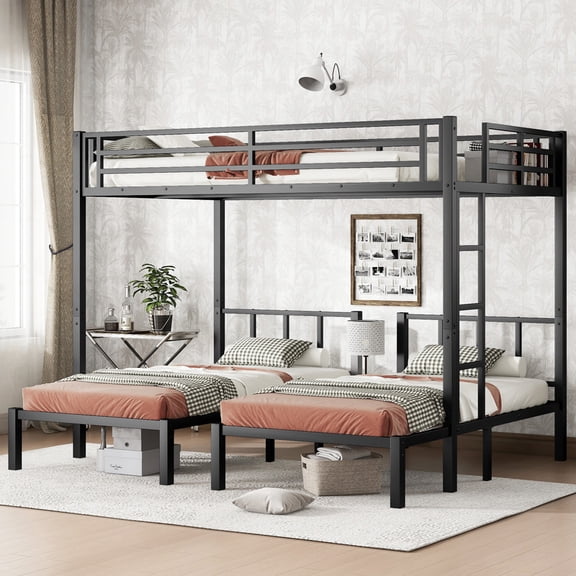 Queen Over Twin and Twin Triple Bunk Bed, Detachable Metal Bed Frame with Shelf, Center Table, Guardrails and Ladder