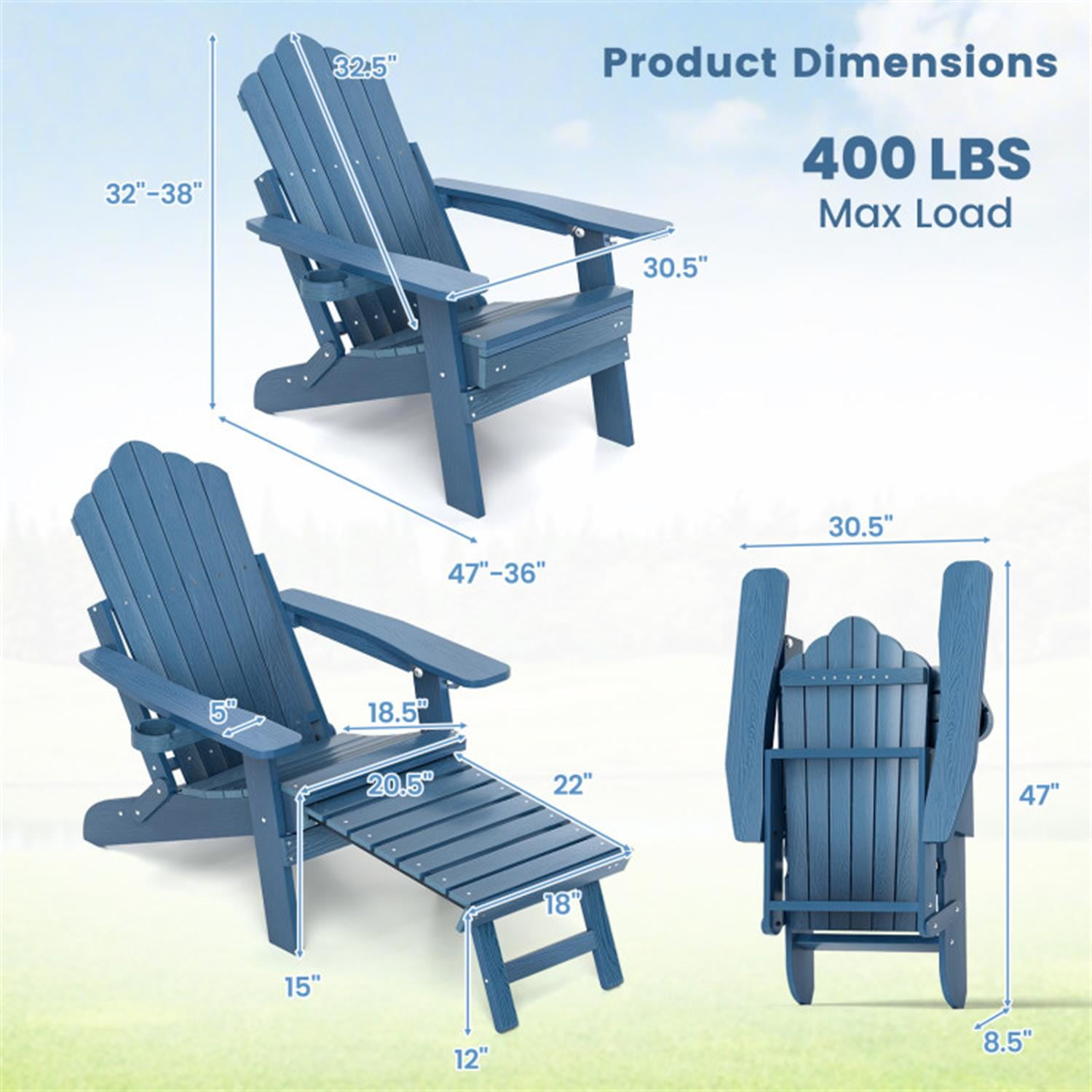 Demi Bonn All-Weather HIPS Patio Adirondack Lounge Chair with Retractable Footrest, Outdoor Accent Furniture Lounge Chairs for Yard, Garden, Blue