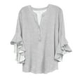 thumbnail image 4 of Duoif Shirts for Women 3/4 Length Sleeves Floral Shirts Flowy Ruffle Sleeve Tops Half Button down Shirt Summer V Neck Blouse Ladies Tops and Blouses Grey S, 4 of 4