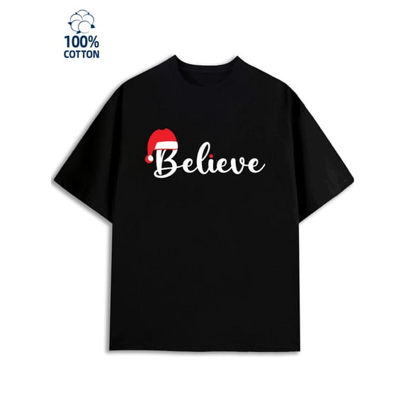 Believe Santa Hat Tee Christmas Men's Cotton T-Shirt - 180G Black, Fashionable Print, Summer/Fall, Beach Gift