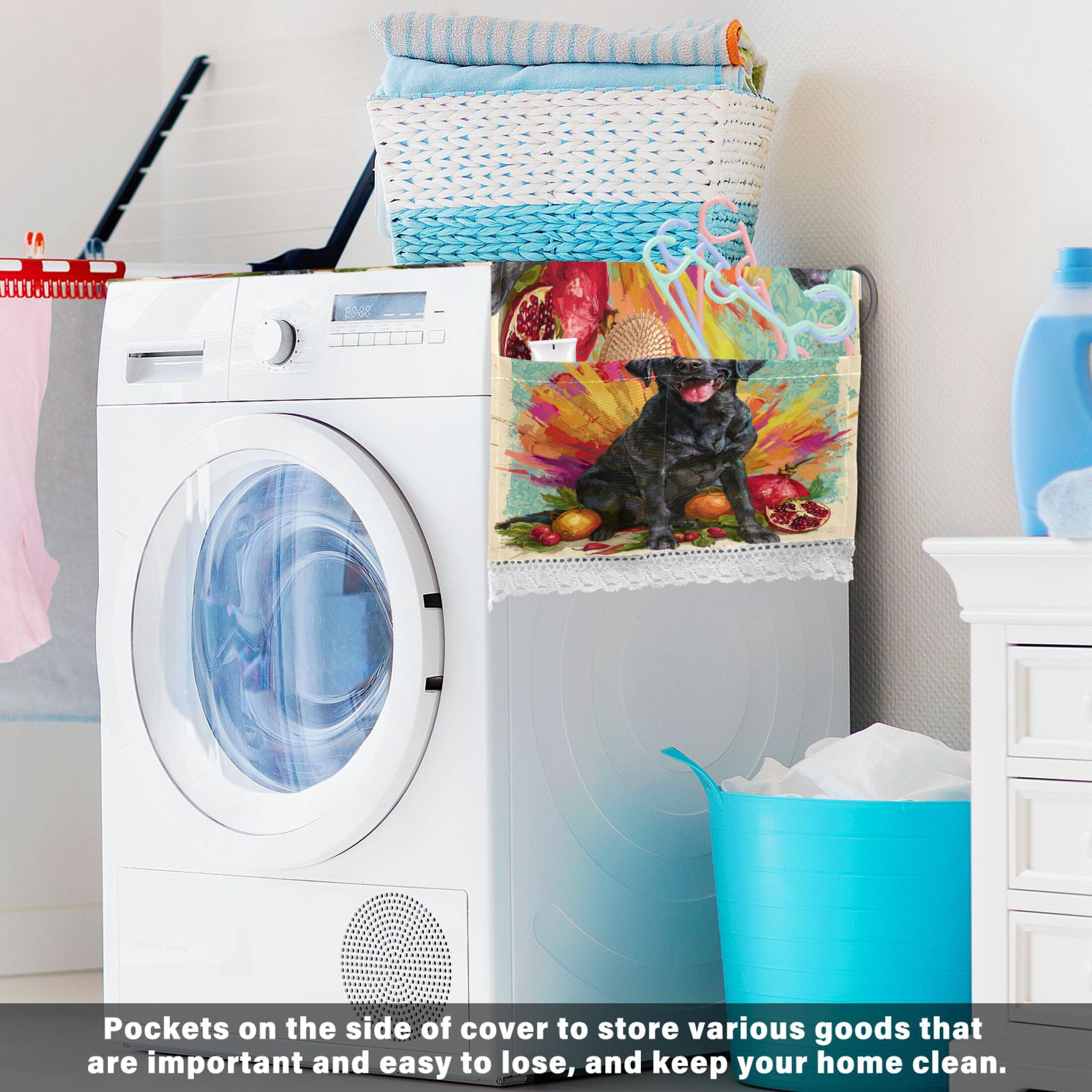 Washing Machine Cover 51.2x22in, Durable Polyester Dust Cover with Lace Trim and Side Pocket for Appliances Black Labrador