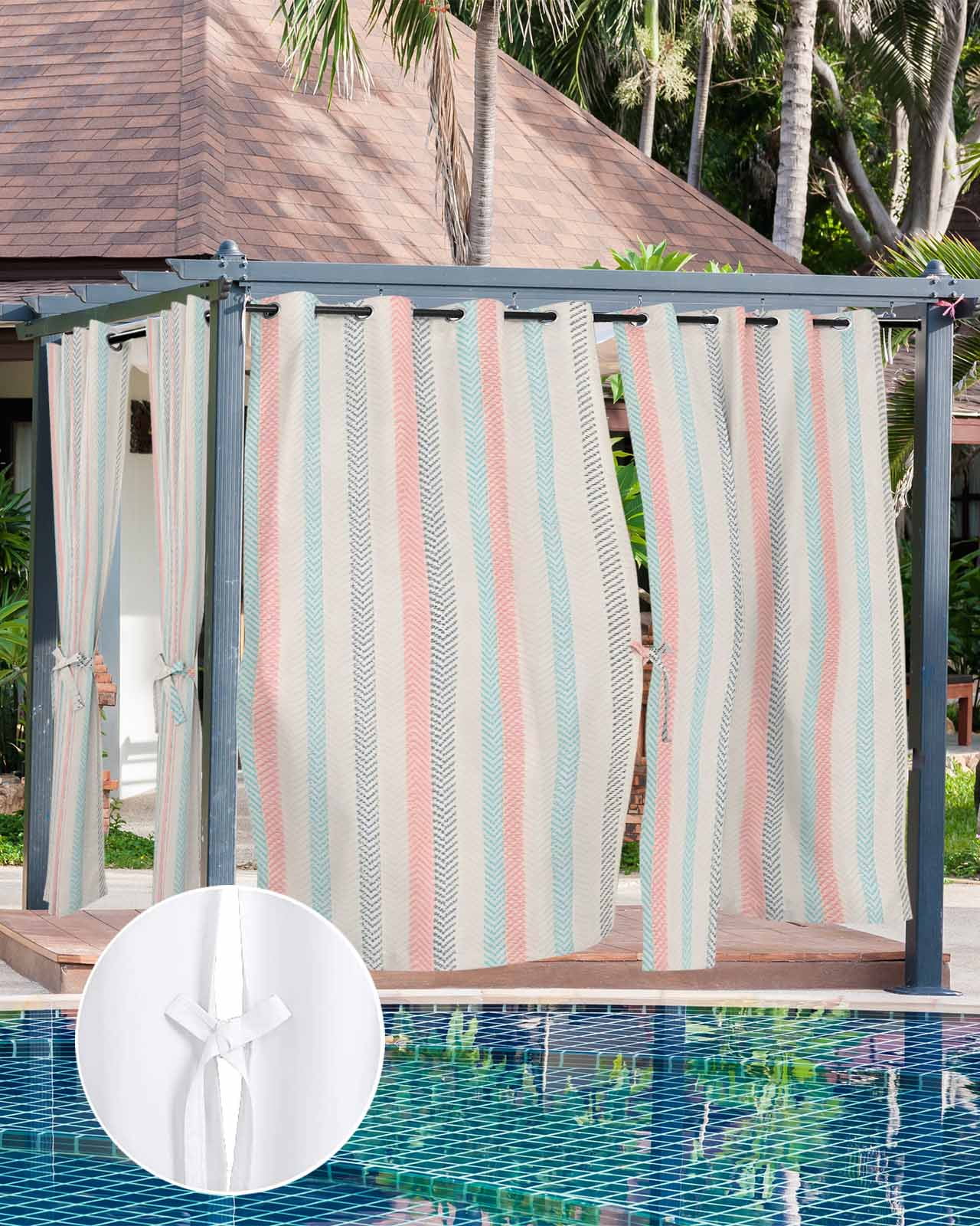 Pink Blue Gray Outdoor Curtains for Patio, Beige Vintage Simple Abstract Stripes Privacy Drapes Grommet Waterproof Outside Curtains for Porch/Cabana/Balcony 54"x 108", 1 Panel
