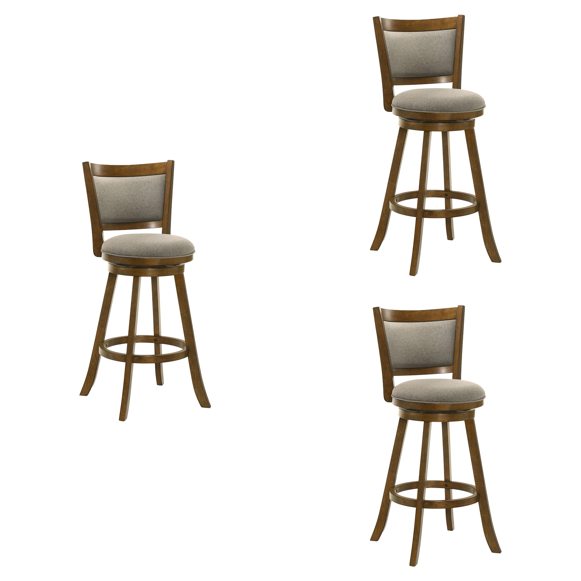 Aiden Modern Farmhouse Swivel Wood Bar Height Kitchen Bar Stool in Sepia Brown Finish with Grey Fabric Upholstered Seat - Set of 3