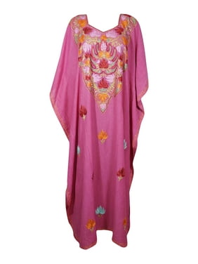 Mogul Women Pink Kaftan Maxi Dress Floral Embellished Cotton Caftan Loose Maternity House Dresses 3XL