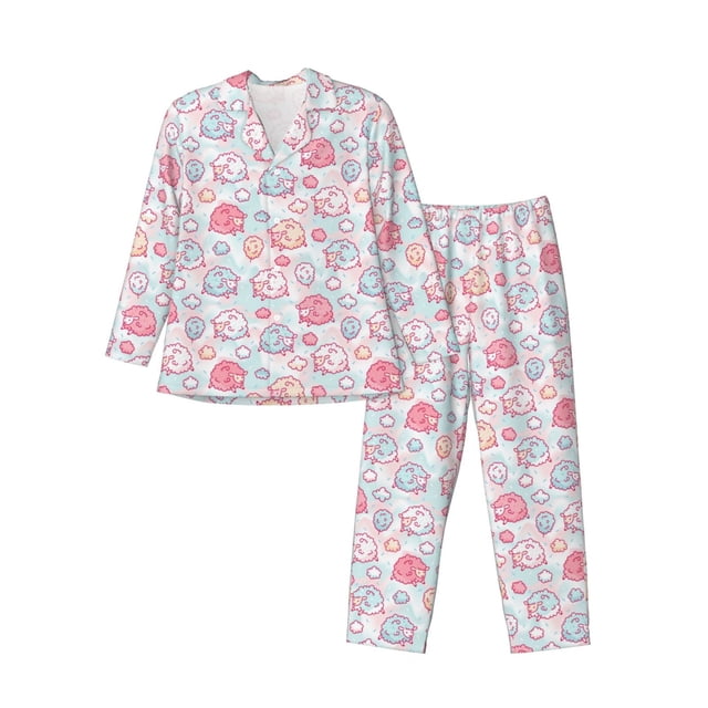 Balery Cute Sheep Pijama para Hombre de Dos Piezas con Manga Larga, Conjunto de Dormir y Descanso Suave con Bolsillos-Small