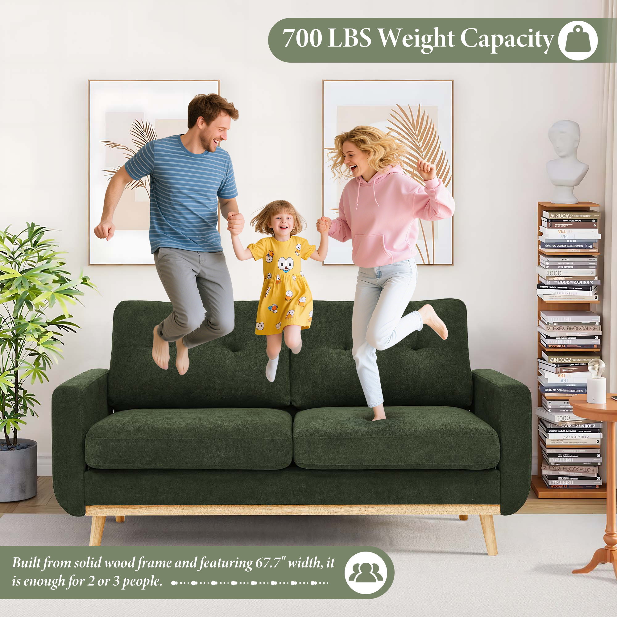 Timbernest 67.7" Loveseat Sofa, Mid-Century Loveseat Couch with Wooden Legs, Green Tufted Upholstery