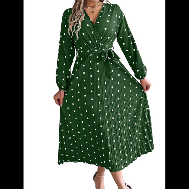 Vestido Plisado de Larga con Cuello en V y Lunares para Mujer, Informal, Holgado y con Cinturón Verde L