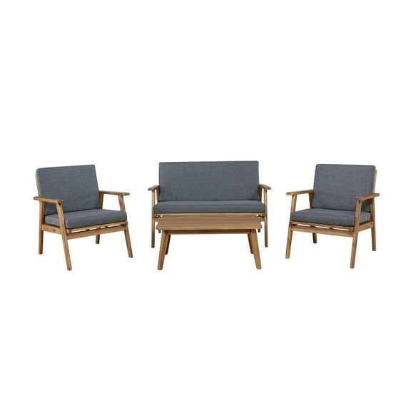 Linon Cole 4-Piece Acacia Outdoor Conversation Set with Coffee Table, Loveseat & Chairs, Walnut/Gray