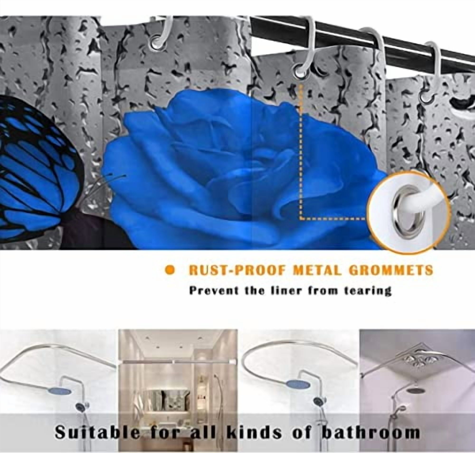 Blue Rose Shower Curtain Sets with Non-Slip Rugs, Toilet Lid Cover and Bath Mat, Nautical Ocean Shower Curtains with 12 Hook s, Durable Waterproof Bath Curtain (Blue Rose)…