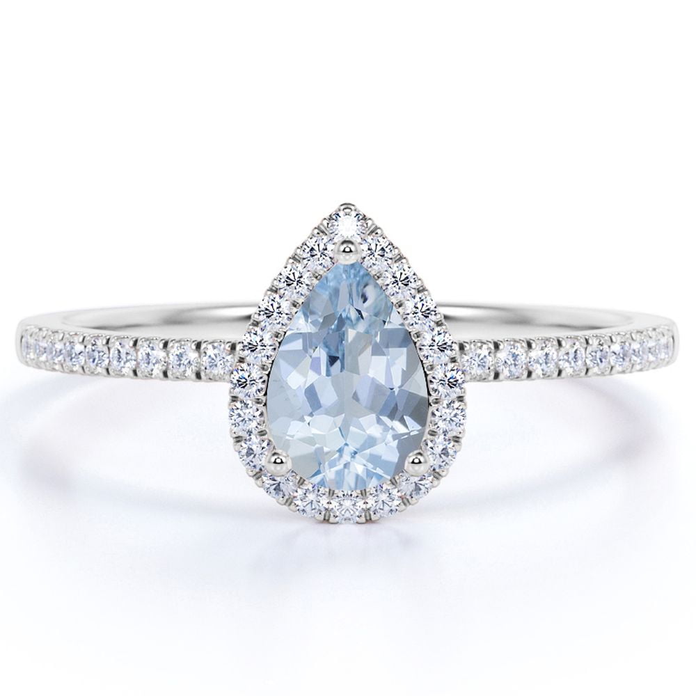 JeenMata 1 Carat Pear Shaped Created Aquamarine Halo Wedding Ring in 18k White Gold over Silver