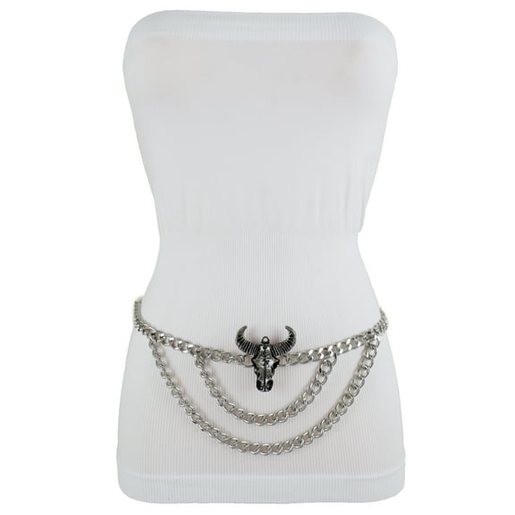 Women Silver Chain Wave Strand Texas Western Belt Bull M L XL