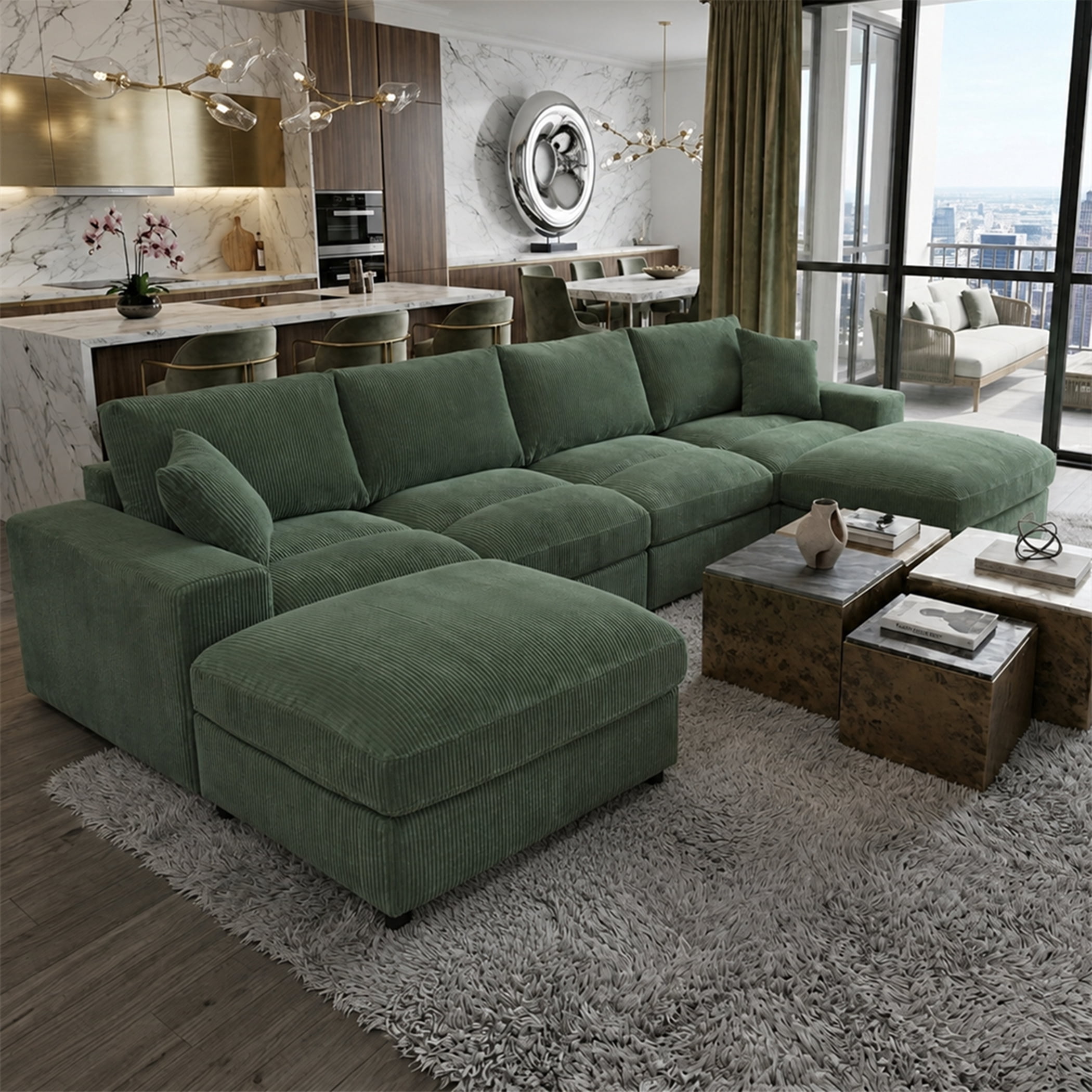 Aukfa 135" Oversized U shape Sectional Couch Modular Sofa for Living Room, 2 Ottoman&Pillows, 25" Deep Seat, Corduroy, Dark Green