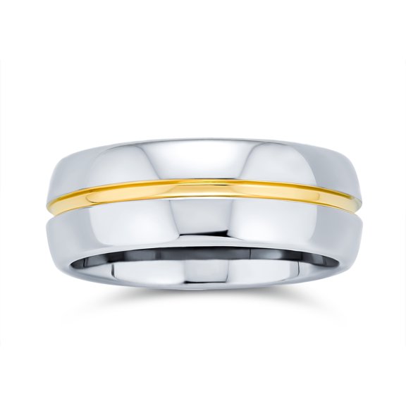 Bling Jewelry Mens Two Tone Titanium Wedding Band Ring with 14K Gold Plated Center Stripe for Men