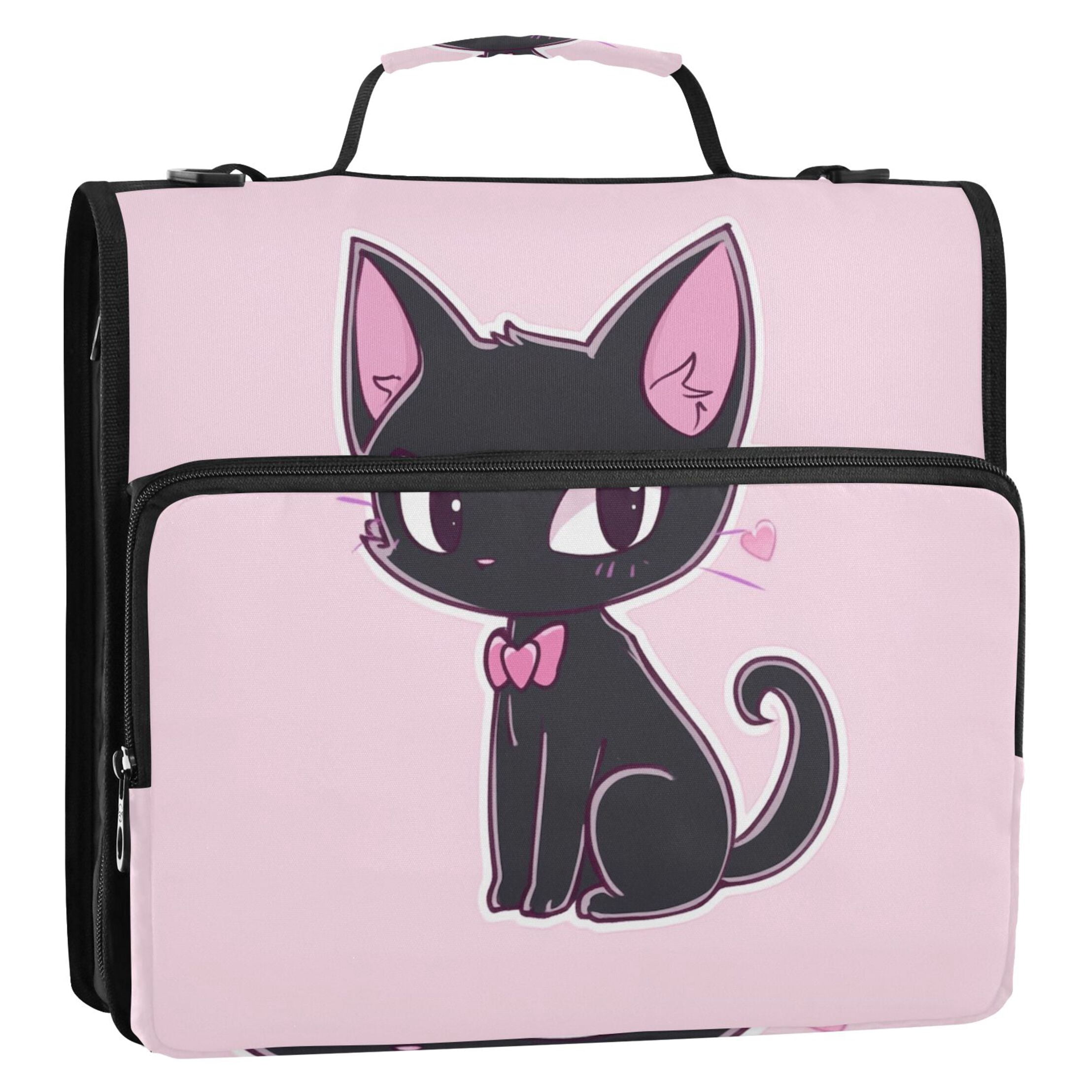 3 Ring Zipper Binder with Shoulder Strap Waterproof Trapper Keeper 2 Inch D-Ring 500 Sheets Capacity Lovely Cat Wear Bow Tie