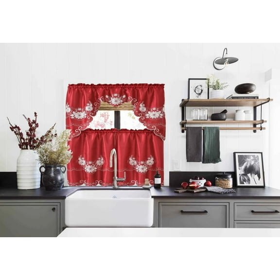 BR-14 3 Pieces Embroidery Floral Multicolor Window Kitchen Curtain Set 2 Tier   1 Swag Valance for Kitchen Rod Pocket Top