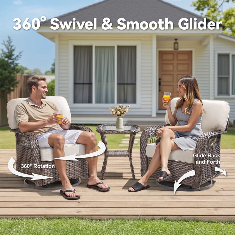 6 Piece Outdoor Wicker Furniture Sets,Patio All Weather Cushioned Conversation Sets with Swivel Rokcing Chairs, Ottomans and Sie Table for Backyard Porch Garden,Beige