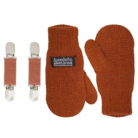 SANREMO Unisex Kids Toddler Knitted Fleece Lined Warm Winter Mittens and Mitten Clips Set (1-3 Years, Rust)